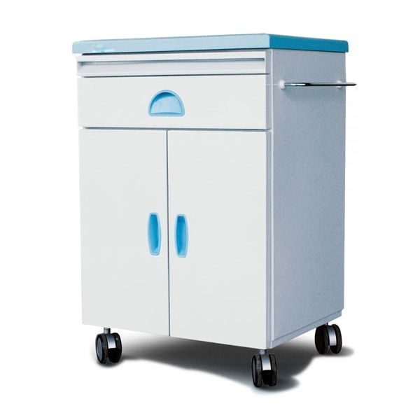 Blue hospital bedside table with four wheels for hospital use