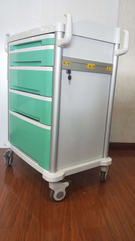 Aluminum Alloy Frame ABS Emergency Trolley Instruments Green Color With Center Lock Drug Delivery Cart