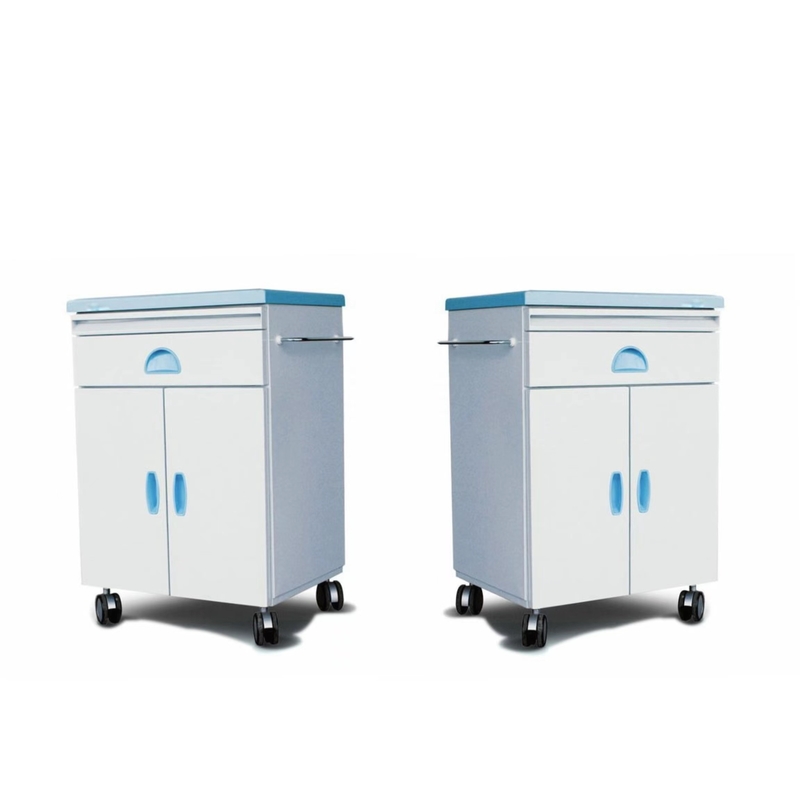 Blue hospital bedside table with four wheels for hospital use