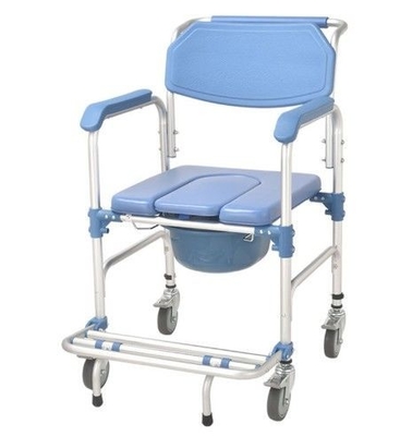 Blue Aluminum Alloy Frame PP Four Wheel Toilet Chair With Brake