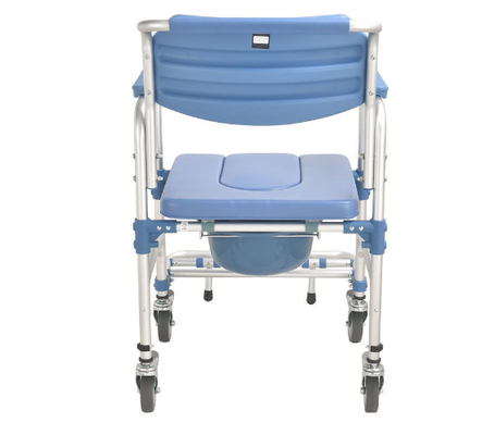 Blue Aluminum Alloy Frame PP Four Wheel Toilet Chair With Brake