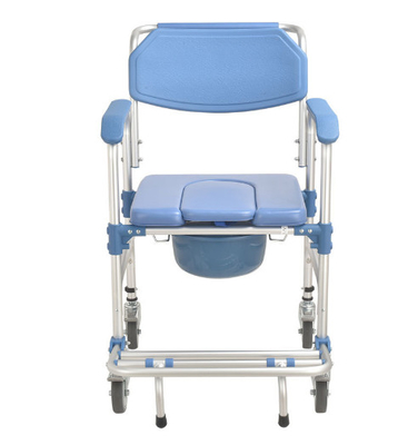 Blue Aluminum Alloy Frame PP Four Wheel Toilet Chair With Brake
