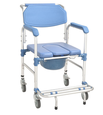 Blue Aluminum Alloy Frame PP Four Wheel Toilet Chair With Brake